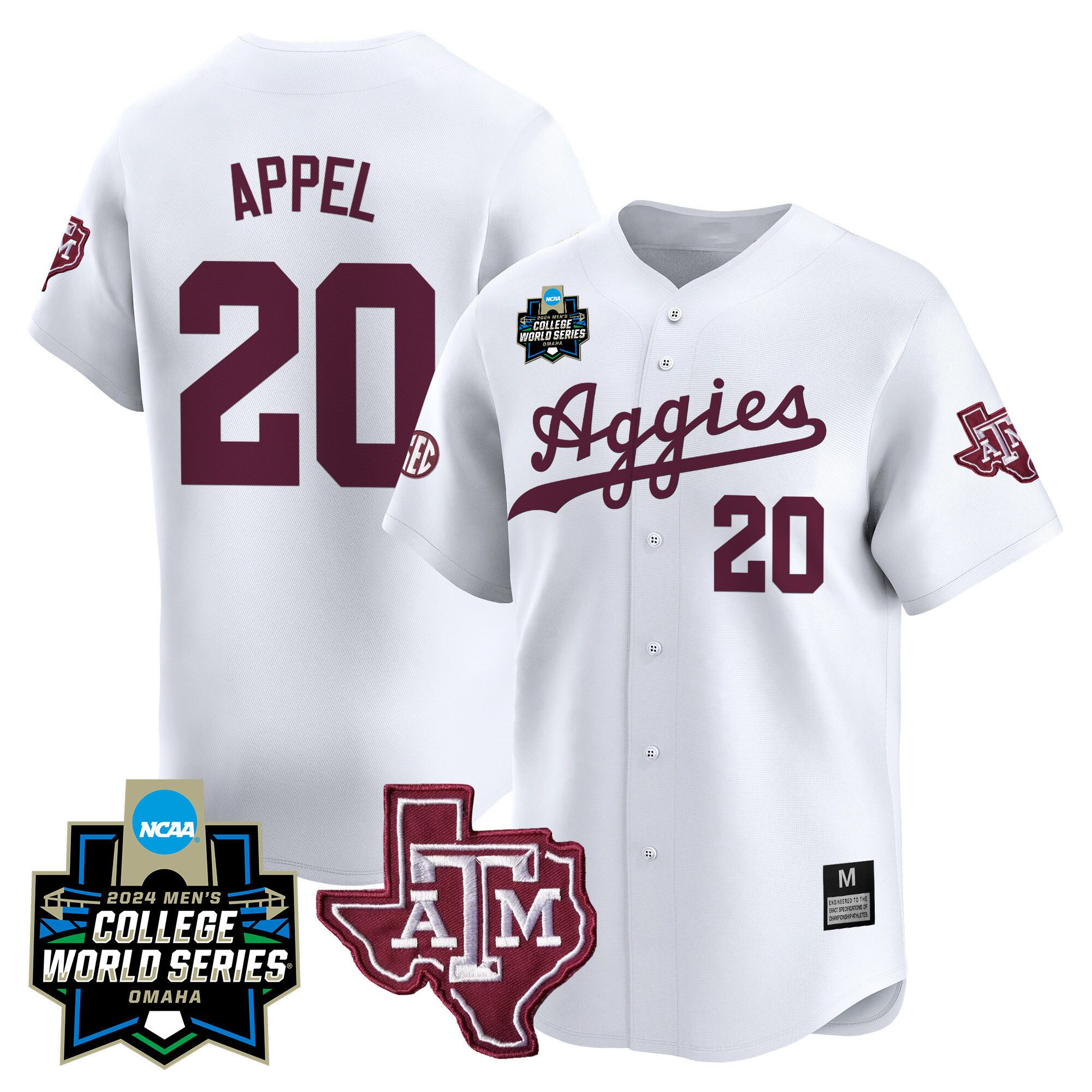 Men Texas A&M Aggies #20 Appel White 2024 College World Series Vapor Premier Limited NCAA Jersey